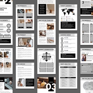 May include: A black and white presentation template with a gray background. The template includes sections for products and services, trends and growth, user pain points, the product, the service, our solution, why we stand out, target audience, audience needs, market segmentation, SWOT analysis, testimonials, and our selling point. The template also includes a section for the third section of the presentation.