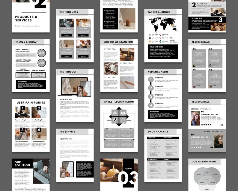May include: A black and white presentation template with a gray background. The template includes sections for products and services, trends and growth, user pain points, the product, the service, our solution, why we stand out, target audience, audience needs, market segmentation, SWOT analysis, testimonials, and our selling point. The template also includes a section for the third section of the presentation.