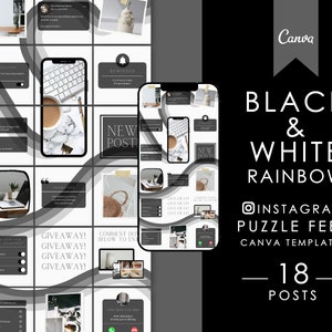 Puede incluir: Plantilla de feed de rompecabezas de Instagram en blanco y negro con 18 publicaciones. La plantilla presenta una variedad de imágenes, que incluyen una computadora portátil, una taza de café, un teléfono y una cesta. El texto "¡NUEVA PUBLICACIÓN!" aparece en varias de las imágenes.