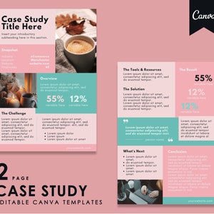 Case Study Template | Editable Case Study Flyer Template Canva | Business Case Study Printable 2 Page (Pink Aqua)