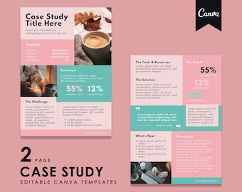 Modello di case study / Modello di volantino di case study modificabile Canva / Modello di case study aziendale stampabile 2 pagine (rosa acqua)
