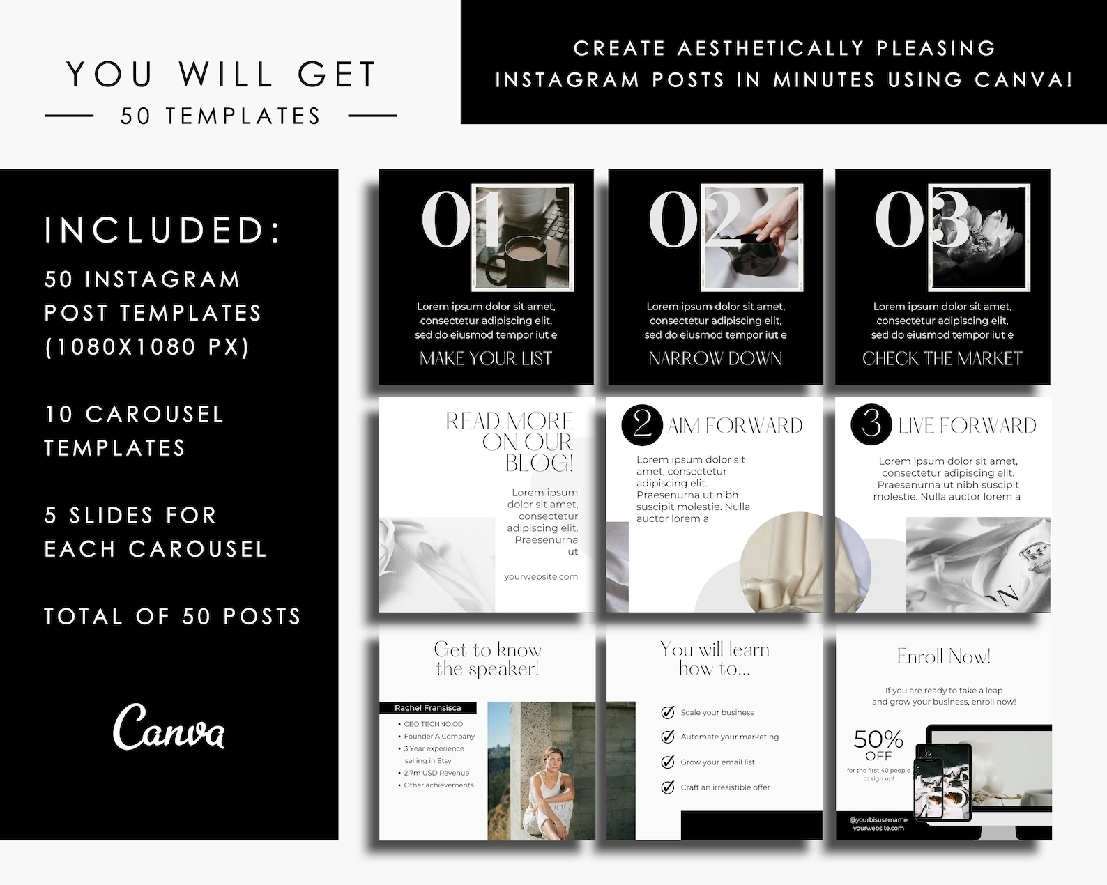 50 Grayscale Instagram Carousel Template Canva for Business Coaches ...