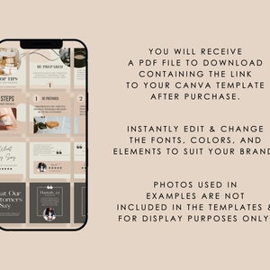 May include: A phone screen displaying a Canva template for social media posts. The template features a grid of nine squares with different designs and text, including "Top Tips", "3 Steps", "Be Prepared", and "What They Say".