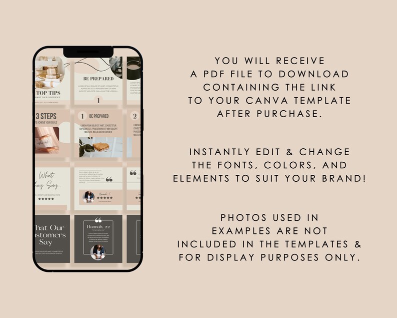 May include: A phone screen displaying a Canva template for social media posts. The template features a grid of nine squares with different designs and text, including "Top Tips", "3 Steps", "Be Prepared", and "What They Say".