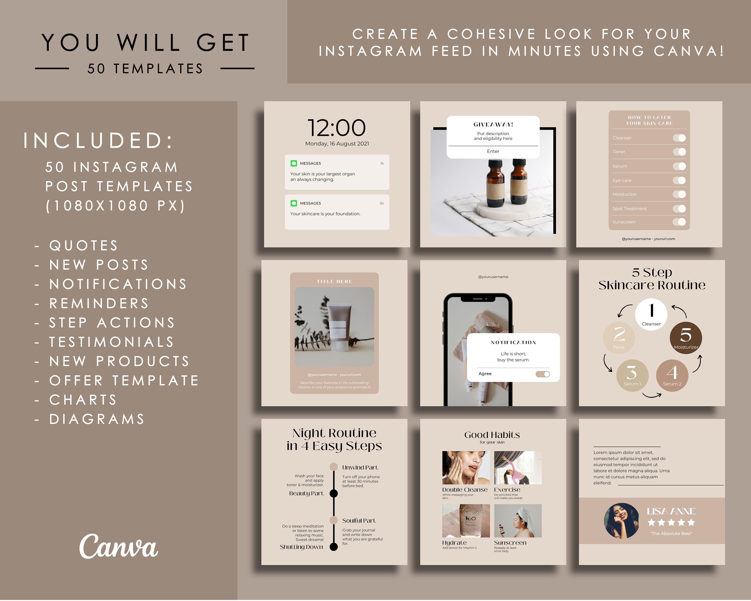 50 Boho Skincare Instagram Templates Canva for Estheticians | Beauty ...