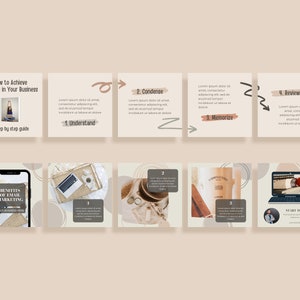 May include: A beige and brown Instagram post template with a step-by-step guide on how to achieve success in your business. The guide includes four steps: understand, condense, memorize, and review. The post also includes a section on the benefits of email marketing.