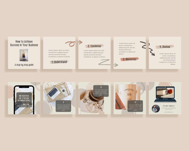 May include: A beige and brown Instagram post template with a step-by-step guide on how to achieve success in your business. The guide includes four steps: understand, condense, memorize, and review. The post also includes a section on the benefits of email marketing.