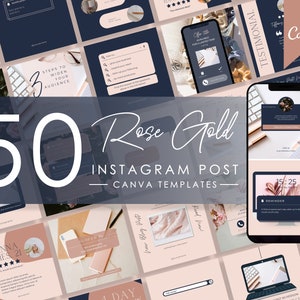 Könnte beinhalten: Eine Sammlung von 50 Instagram-Post-Vorlagen in Roségold und Marineblau. Die Vorlagen bieten verschiedene Designs, darunter Textfelder, Bilder und Symbole. Der Text "50 Rose Gold Instagram Post Canva Templates" wird in der Mitte des Bildes angezeigt.