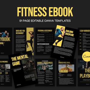 May include: A fitness ebook with the title "Fitness Ebook" in yellow text. The ebook includes 91 editable Canva templates. The pages feature images of people working out and text such as "The Playbook" and "Building Discipline."