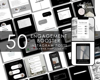50 plantillas de publicaciones de Instagram / Plantilla Canva para el paquete de notificaciones de refuerzo de participación de Instagram / Plantilla de publicación de participación en blanco y negro