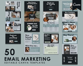 May include: A collection of 50 editable Canva email marketing templates. The templates feature a variety of designs, including a new course launch, a summer sale, a new episode announcement, and a new podcast release. The templates are designed to be visually appealing and engaging, and they can be customized to fit any brand.
