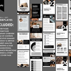May include: A set of 70 black and white business plan templates for Canva. The templates include cover pages, welcome pages, company overview, table of contents, executive summary, product and service pages, market analysis, marketing and sales, organizational pages, finance projections, appendix, and back cover pages.