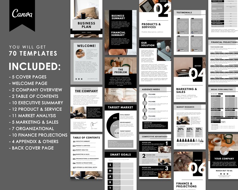 May include: A set of 70 black and white business plan templates for Canva. The templates include cover pages, welcome pages, company overview, table of contents, executive summary, product and service pages, market analysis, marketing and sales, organizational pages, finance projections, appendix, and back cover pages.