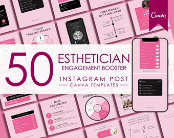 50 Pink Skincare Instagram Post Templates Canva for Estheticians | Esthetician Canva Template for Social Media Branding & Engagement Booster