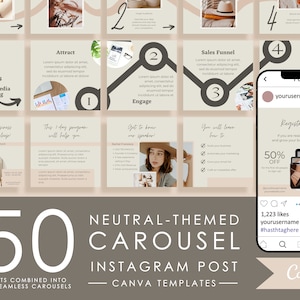 May include: A neutral-themed Instagram carousel template with 10 slides. The template features a light brown background with a white outline. The text on the slides includes "4 Steps for Social Media Marketing", "Attract", "Engage", "Sales Funnel", "Register Now!" and "50% Off".
