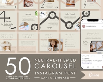 50 Instagram Carousel Posts Canva for Business Coaches & Coaching Template, Neutral Carousel Template, Engagement Booster Puzzle Feed
