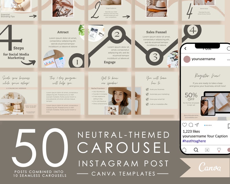 May include: A neutral-themed Instagram carousel template with 10 slides. The template features a light brown background with a white outline. The text on the slides includes "4 Steps for Social Media Marketing", "Attract", "Engage", "Sales Funnel", "Register Now!" and "50% Off".