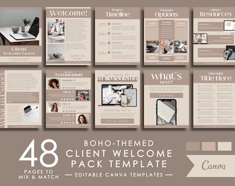 Op de afbeelding: Een set van 48 bewerkbare Canva-sjablonen voor een welkomstpakket voor klanten. De sjablonen zijn boho-geïnspireerd en hebben een neutrale kleurenpalet met bruin, beige en wit. De sjablonen bevatten secties voor een welkomstpakket voor klanten, een projecttijdlijn, pakket opties, klantbronnen, getuigenissen, wat er daarna komt en een checklist.