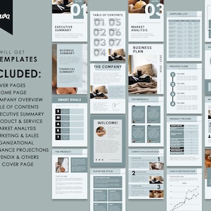Pu&ograve; includere: Un set di 70 modelli di business plan in uno schema di colori blu chiaro e grigio. I modelli includono pagine di copertina, pagine di benvenuto, panoramica aziendale, indice, sommario esecutivo, prodotto e servizio, analisi di mercato, marketing e vendite, organizzazione, proiezioni finanziarie, appendice e pagine di retrocopertina.