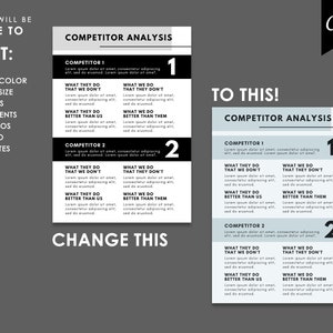 May include: A black and white competitor analysis chart with two sections labeled "Competitor 1" and "Competitor 2". Each section has four categories: "What they do that we don't", "What we do that they don't", "What they do better than us", and "What we do better than them".