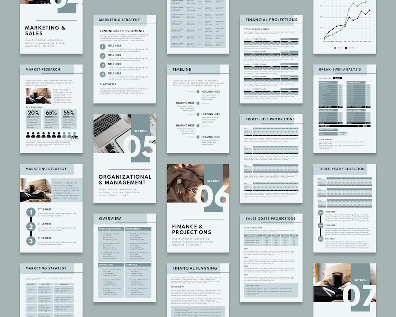 Pu&ograve; includere: Un modello di business plan con sette sezioni: Marketing e vendite, Ricerca di mercato, Organizzazione e gestione, Finanza e proiezioni, Pianificazione finanziaria, Proiezioni finanziarie e Proiezione triennale. Ogni sezione include un titolo, una breve descrizione e una tabella o un grafico.