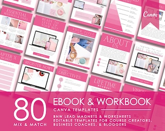 80 Workbook & Ebook Canva Templates Pink, Coaching Arbeitsblatt Blei Magnet Vorlage für Business Coaches, Coaching Workbook, Opt In Freebie