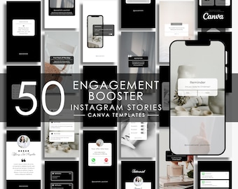 50 plantillas de historias de Instagram / Plantilla Canva para el paquete de notificaciones de refuerzo de participación de Instagram / Plantilla de historia de participación en blanco y negro