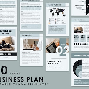 Pu&ograve; includere: Un modello di business plan di 70 pagine progettato per Canva. Il modello presenta un design moderno e minimalista con uno schema di colori grigio e bianco. La pagina di copertina include il testo "Business Plan" e "2023 - 202X".