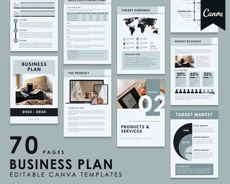 Pu&ograve; includere: Un modello di business plan di 70 pagine progettato per Canva. Il modello presenta un design moderno e minimalista con uno schema di colori grigio e bianco. La pagina di copertina include il testo "Business Plan" e "2023 - 202X".