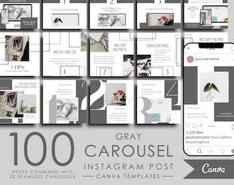 100 Instagram Carousel Posts Canva for Business Coaches & Coaching Template, Gray Instagram Posts Templates Pack, Engagement Booster Puzzle