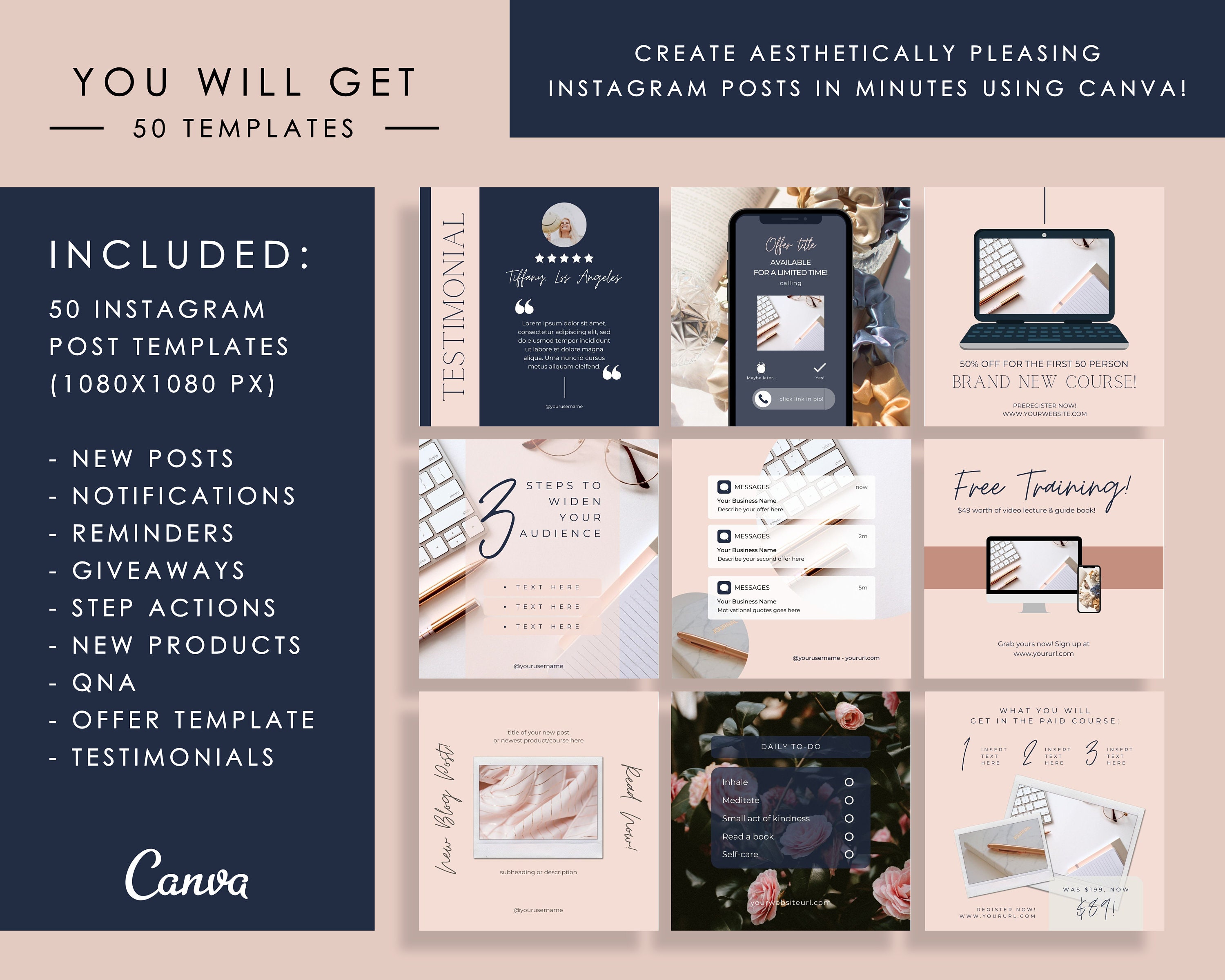 50 Rose Gold Instagram Post Templates | Social Media Templates Canva ...