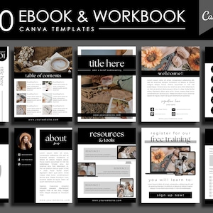 May include: A set of 80 black and white Canva templates for creating ebooks and workbooks. The templates feature a minimalist design with a focus on text and images. The templates include a table of contents, about page, resources page, and a registration page for free training. The templates are perfect for creating professional-looking ebooks and workbooks.