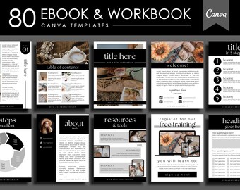 Könnte beinhalten: Ein Satz von 80 schwarz-weißen Canva-Vorlagen zum Erstellen von E-Books und Arbeitsbüchern. Die Vorlagen zeichnen sich durch ein minimalistisches Design mit Fokus auf Text und Bilder aus. Die Vorlagen umfassen ein Inhaltsverzeichnis, eine Über-mich-Seite, eine Ressourcen-Seite und eine Registrierungsseite für kostenlose Schulungen. Die Vorlagen sind perfekt für die Erstellung professionell aussehender E-Books und Arbeitsbücher.