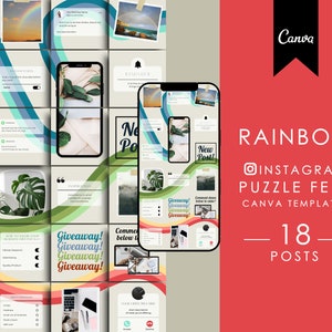 Canva Instagram Puzzle Feed Rainbow | Rainbow Instagram Post Templates | Canva Instagram Templates | Colorful Rainbow Instagram Branding Kit