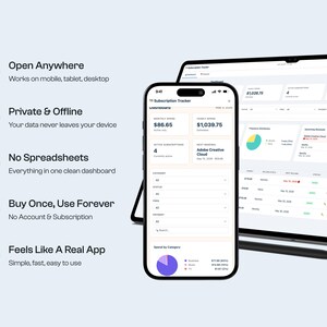 May include: A smartphone and tablet display a subscription tracker app interface. The phone shows a detailed view with spending and subscription data. The tablet displays a dashboard with charts and lists. Text includes "Open Anywhere" and "Buy Once, Use Forever."