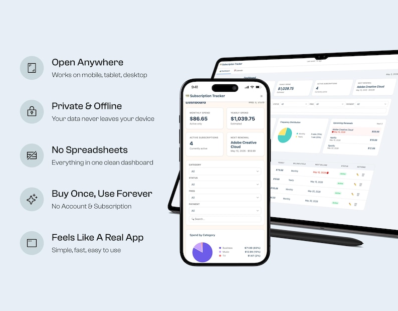 May include: A smartphone and tablet display a subscription tracker app interface. The phone shows a detailed view with spending and subscription data. The tablet displays a dashboard with charts and lists. Text includes "Open Anywhere" and "Buy Once, Use Forever."