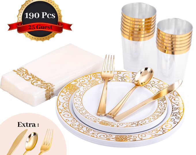 190 Pcs Gold Disposable Plastic Plate and Silverware Set for Party