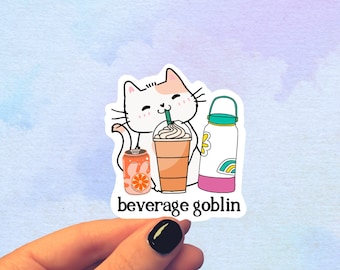 Beverage Goblin Glossy Vinyl Sticker: Funny Laptop Decal (3x3 inches) Journal, Planner, Cat, Drink