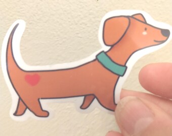 Dachshund puppy sticker, brown, green collar, and heart, 2.75" x 1.75" great for dog lovers, gift