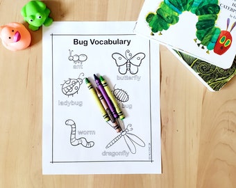 Bug Vocabulary Coloring Page, Spring Kid's Activity (PDF Pattern) Digital Download