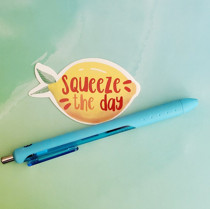 Squeeze the Day Yellow Lemon Sticker, Vinyl Stickers for Laptops, Bullet Journals, Best Friend Gift, Quote Sticker, Lemon image 2