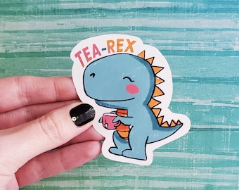 Tea-Rex Vinyl Sticker, Funny Dinosaur Laptop Decal, Waterproof Vinyl, Gift
