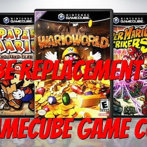 May include: A collection of GameCube video game cases with various titles, including Smashing Drive, Resident Evil 4, Paper Mario: The Thousand-Year Door, Mario World, Super Mario Strikers, Star Wars: Knights of the Old Republic II - The Sith Lords, and  Fire Emblem: The Sacred Stones. The text "GAMECUBE REPLACEMENT COVER ART" and "PICK A GAMECUBE GAME COVER ART" is displayed in red.