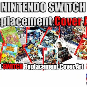 May include: A collection of Nintendo Switch game replacement cover art featuring various popular titles, including Animal Crossing, Hat in Time, and Witcher 3. The text "Pick A Switch Replacement Cover Art" is displayed at the bottom of the image.