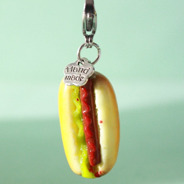 Charm Hot dog sur un mousqueton argenté en acier inoxydable pour agrémenter trousse,sac,pendentif ou porte clef