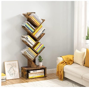 Tree Bookshelf 6 Shelf Bookcase with Drawer Modern Book Storage Free Standing Tree Bookcase Shelves for Office Living Room Bedroom