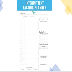 May include: A printable intermittent fasting planner with a daily fast tracker, hydration tracker, and space for exercise, a thankful thought, and a fasting streak. The planner is designed to help people track their fasting progress and stay motivated.