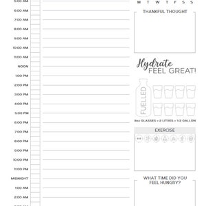 May include: A printable daily fast tracker with a checklist for eating, fasting, and sleeping. The tracker includes a section for a daily thankful thought, a hydration tracker, and an exercise tracker. It also includes a section for recording what time you feel hungry and a fasting streak tracker.