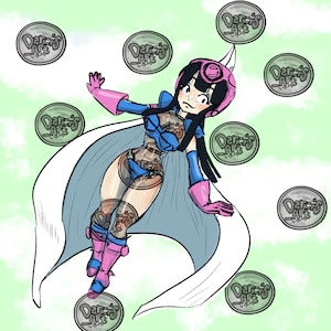 以下が含まれることがあります： ピンクのヘルメットと手袋、青いトップス、白いマントを着た女性のスーパーヒーローキャラクターのイラスト。キャラクターは「Dare's Art」というテキストが入った円形のトークンに囲まれています。背景は明るい緑色です。