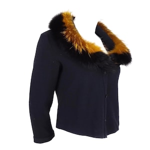 Roberto Cavalli F/W 2000 Fur Collar Black Wool Cardigan Top Size L Vintage
